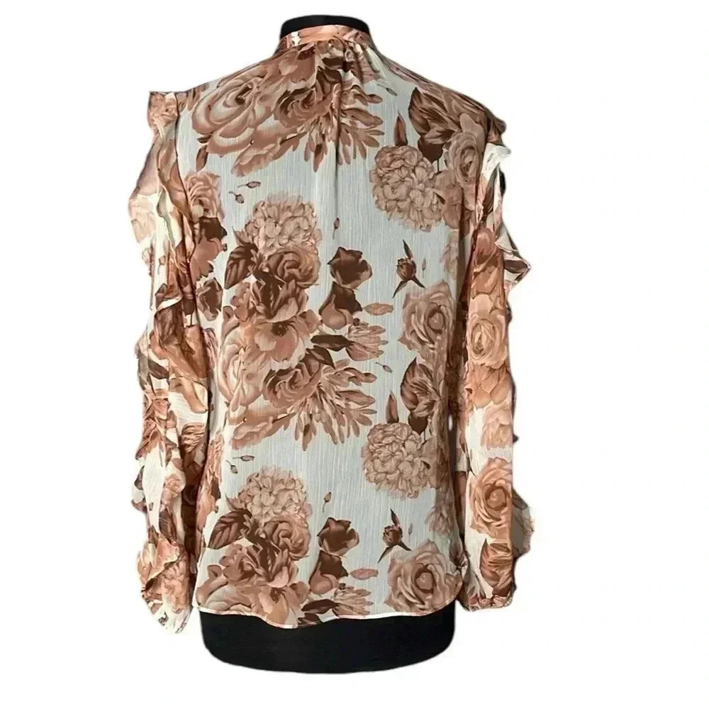Express Floral Abstract Print Multicolor Ruffle Button Front Sheer Blouse Size S - Picture 2 of 8
